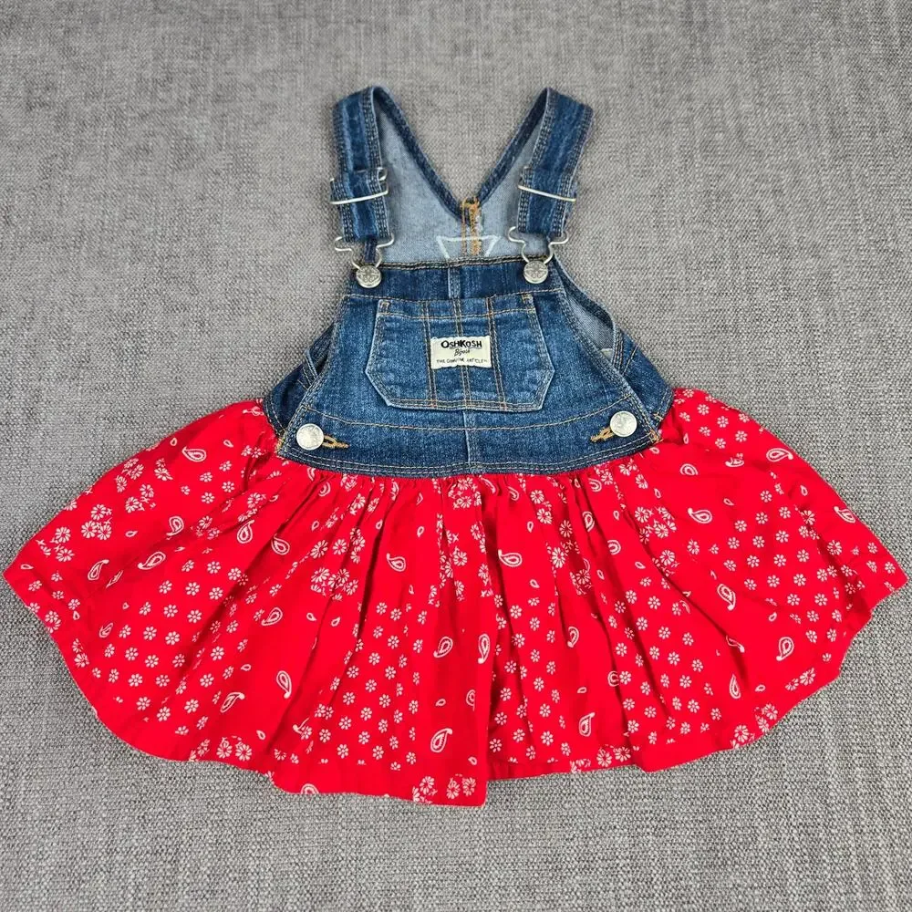 OshKosh B'gosh Baby Girls Denim Overalls Bandana Skirt Dress 9M Red